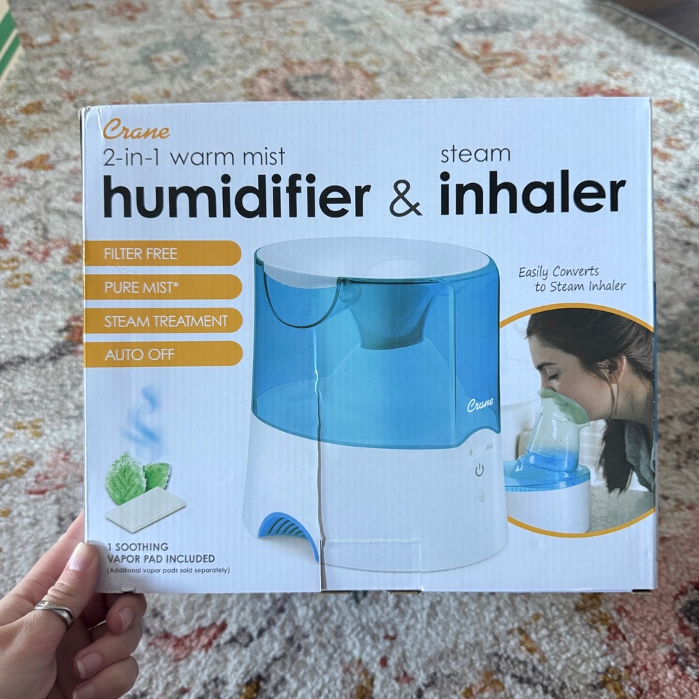 Crane 2-in-1 Warm Mist Humidifier and Steam Inhaler Blue White 0.5 Gallon Tank